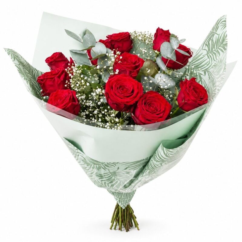 Bouquet de roses rouges et de gypsophile (Fêtes)
