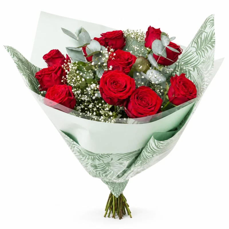 Bouquet de roses rouges et de gypsophile (Fêtes)