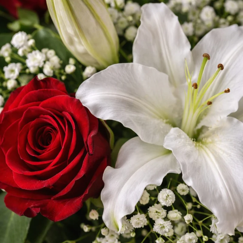 Bouquet rose, lys et gysophile gros plan